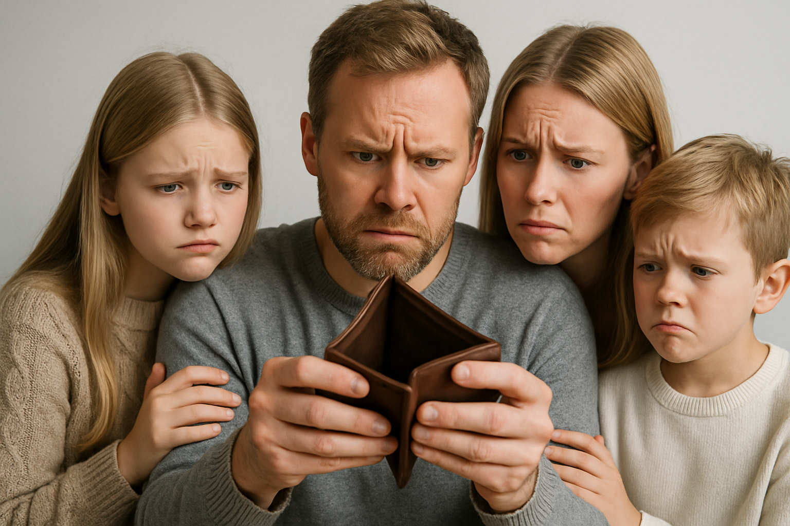 Oroad familj håller i plånbok